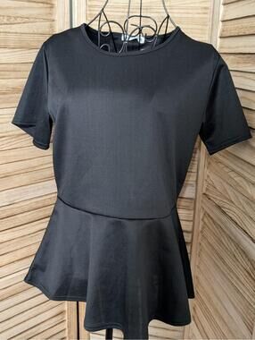 Doublju Womens Peplum Top Short Sleeve Scoop Neck Fitted Blouse Sz L Black